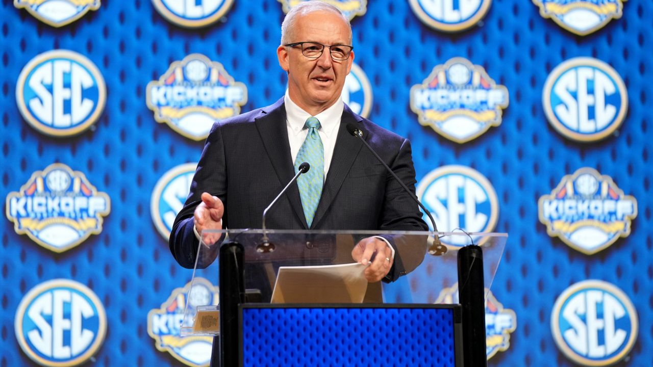 Southeastern Conference Commissioner Greg Sankey addressed SEC Media Days in Dallas on Monday, July 15, 2024. (AP Photo/Jeffrey McWhorter)