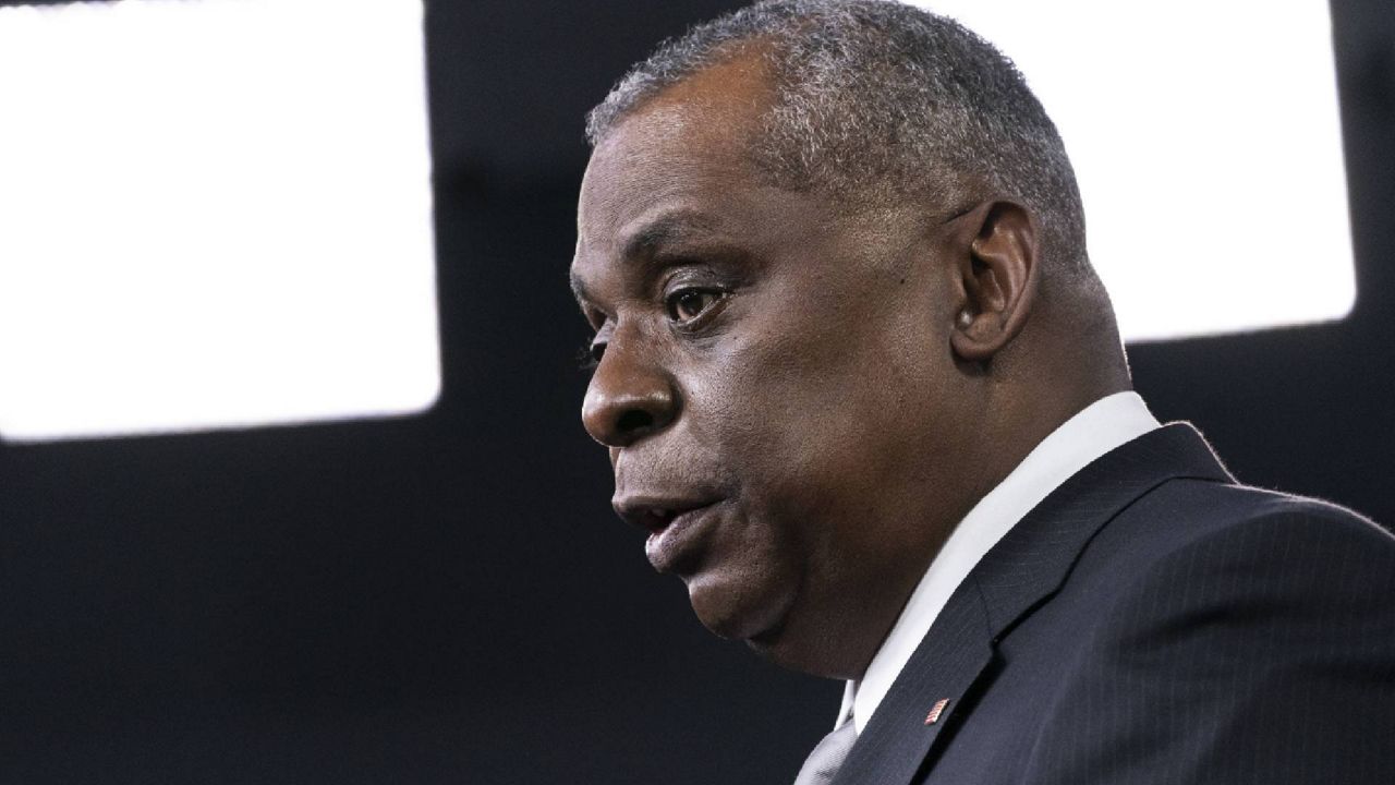 Secretary of Defense Lloyd Austin speaks during a media briefing at the Pentagon, Friday, Feb. 19, 2021, in Washington. (AP Photo/Alex Brandon)