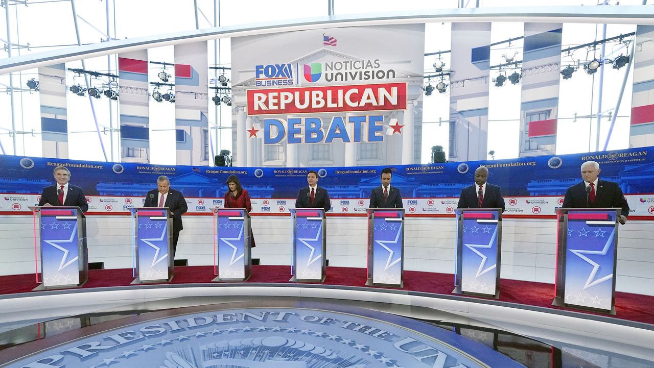 Republican presidential candidates stand at their podiums during a Republican presidential primary debate hosted by Fox Business Network and Univision, Wednesday, Sept. 27, 2023, at the Ronald Reagan Presidential Library in Simi Valley, Calif. (AP Photo/Mark J. Terrill)