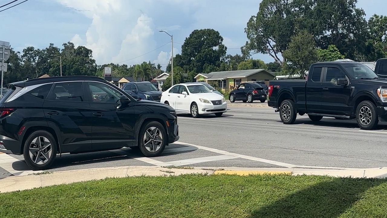 Cars often get stuck waiting for an opening when turning from 102nd Avenue North to Seminole Boulevard. (Spectrum News/Tim Wronka)