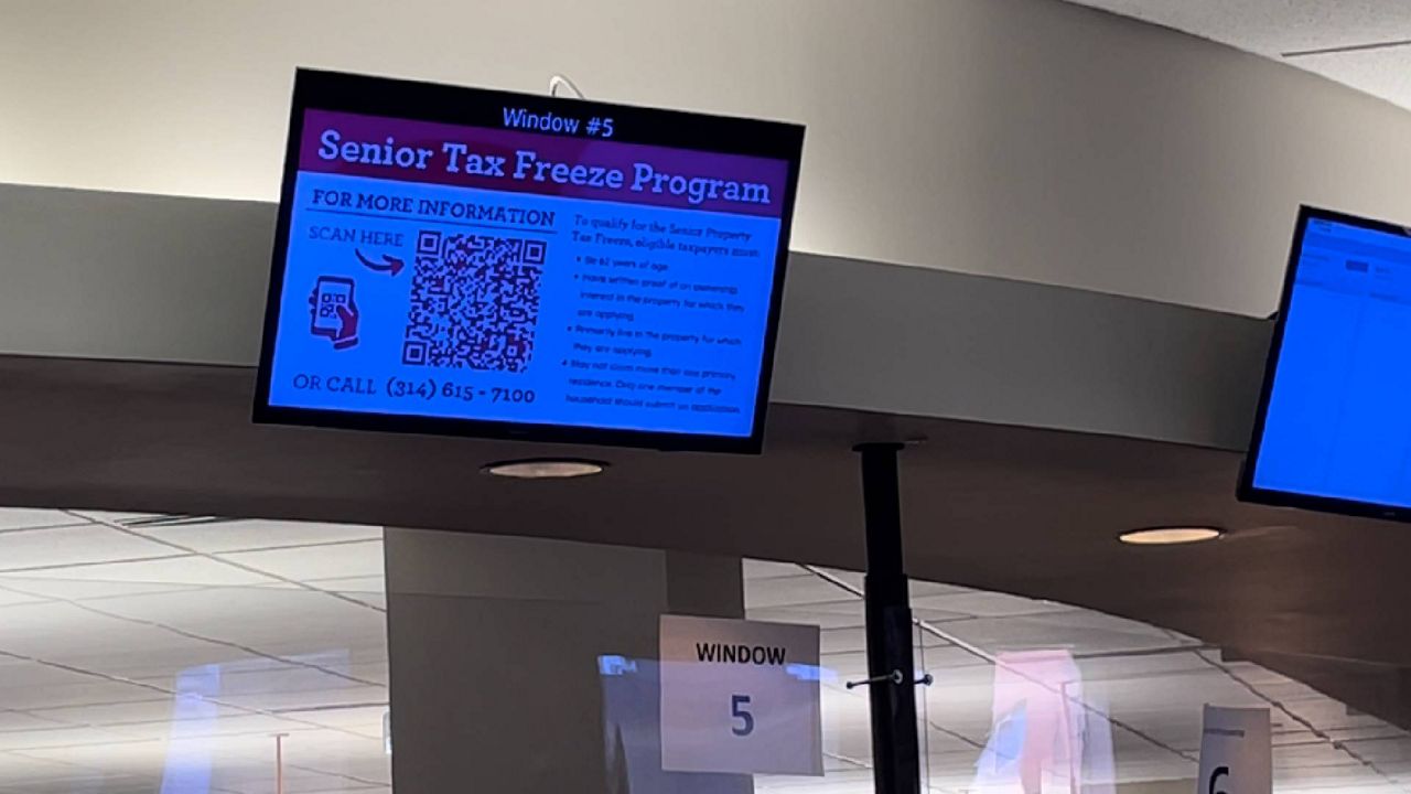 A customer service window at St. Louis County's administration building in Clayton advertises the county's senior property tax freeze program, which is taking applications until June 30, 2025. (Spectrum News/Gregg Palermo)