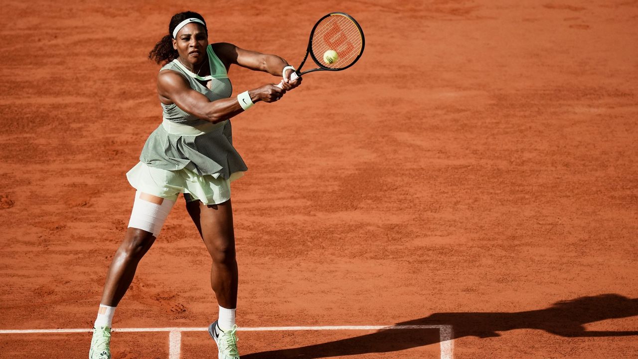 Serena Williams plays a return to Kazakhstan's Elena Rybakina during their fourth round match of the French Open.  (AP/Thibault Camus)