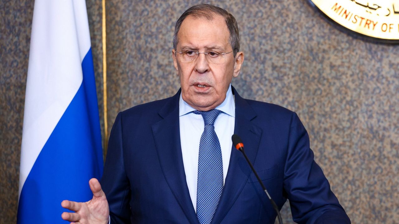 Russian Foreign Minister Sergey Lavrov gestures Sunday during a joint news conference with Egyptian Minister of Foreign Affairs Sameh Shoukry following their talks in Cairo, Egypt. (Russian Foreign Ministry Press Service via AP)