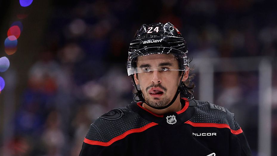 Carolina Hurricanes center Seth Jarvis pauses during a stop in play in an NHL hockey game against the New York Islanders on Tuesday, March 19, 2024, in Elmont, N.Y. (AP File Photo/Adam Hunger)