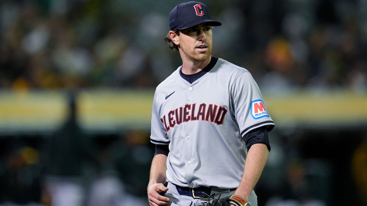 Cleveland Guardians' Shane Bieber walks to the dugout after pitching against the Oakland Athletics during the sixth inning of a baseball game Thursday, March 28, 2024, in Oakland, Calif.