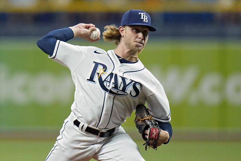 Tampa Bay Rays pitcher Shane Baz delivers to the Toronto Blue Jays during the first inning of a baseball game Monday, Sept. 20, 2021, in St. Petersburg, Fla. (AP Photo/Chris O'Meara)