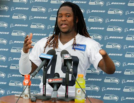 Seattle Seahawks linebacker Shaquem Griffin talks to reporters Friday, May 4, 2018, following the NFL football team's rookie camp in Renton, Wash. (AP Photo/Ted S. Warren)