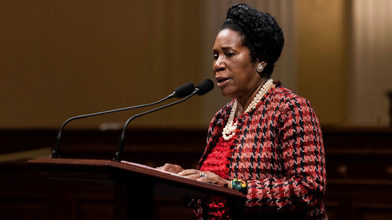 Rep. Sheila Jackson Lee, D-Texas, speaks as members of Congress share recollections of the Jan. 6 2021, assault on the U.S. Capitol on the one year anniversary of the attack Thursday, Jan. 6, 2022. (Graeme Jennings/Pool via AP)