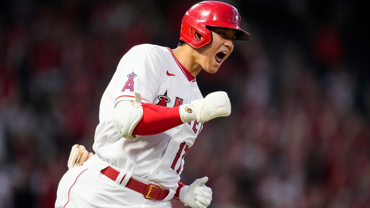 Los Angeles Angels designated hitter Shohei Ohtani (17) reacts as he runs the bases after hitting a home run during the fourth inning of a baseball game against the Baltimore Orioles Friday, July 2, 2021, in Anaheim, Calif. (AP Photo/Ashley Landis, File)