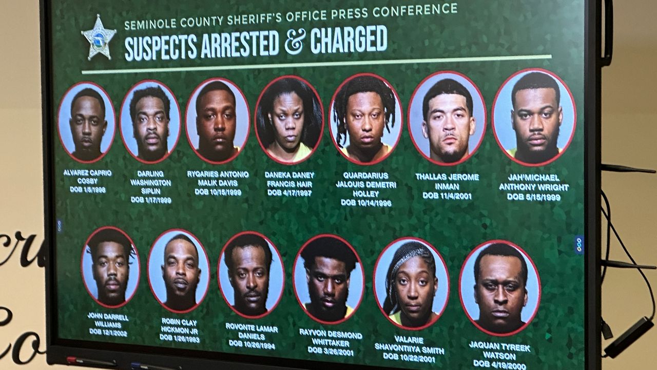 Mugshots of the 13 people arrested in connection with a deadly shooting in January 2023. (Spectrum News/Randy Rauch)