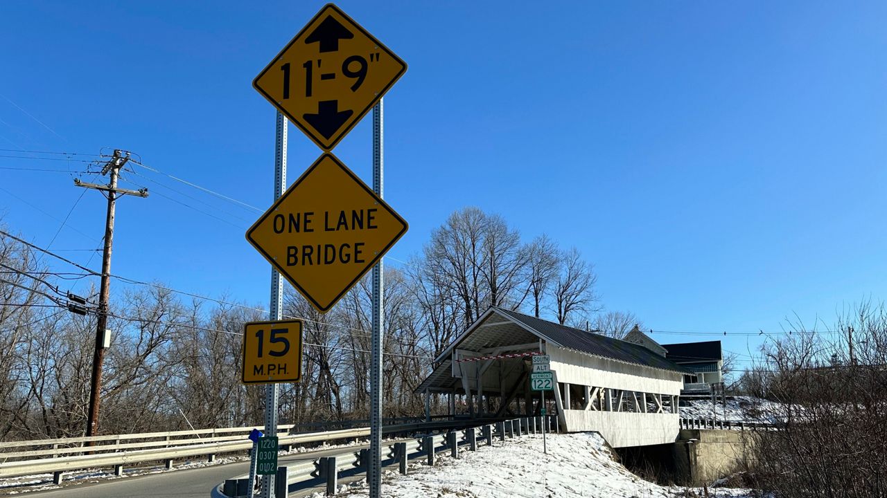 The Miller's Run covered bridge is shown on Tuesday, March 12, 2024 in Lyndon, Vt. The historic bridge is under threat from truck drivers using GPS meant for cars that continually hit the bridge.