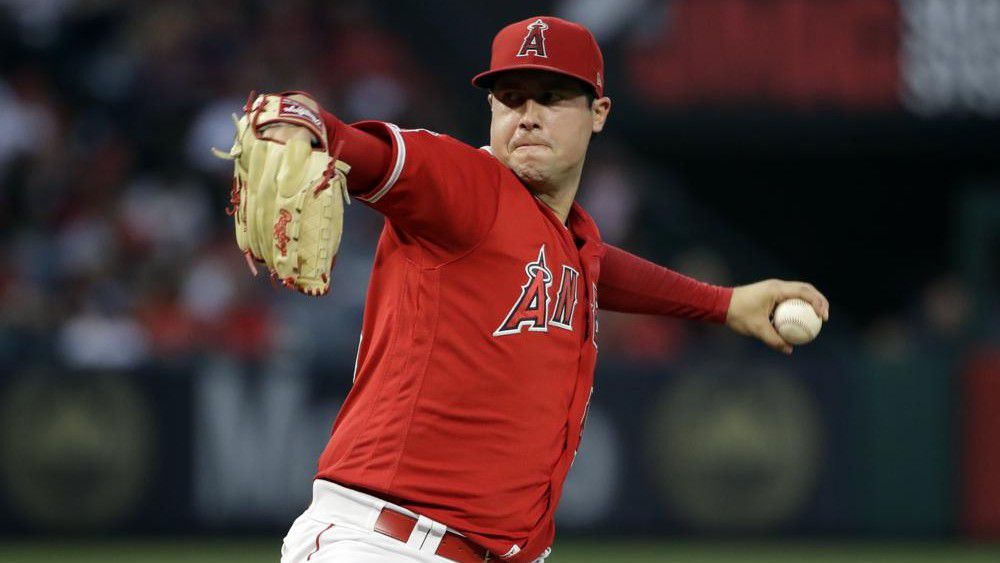 In this June 29, 2019, file photo, Los Angeles Angels starting pitcher Tyler Skaggs throws to the Oakland Athletics during a baseball game in Anaheim, Calif. (AP Photo/Marcio Jose Sanchez, File)