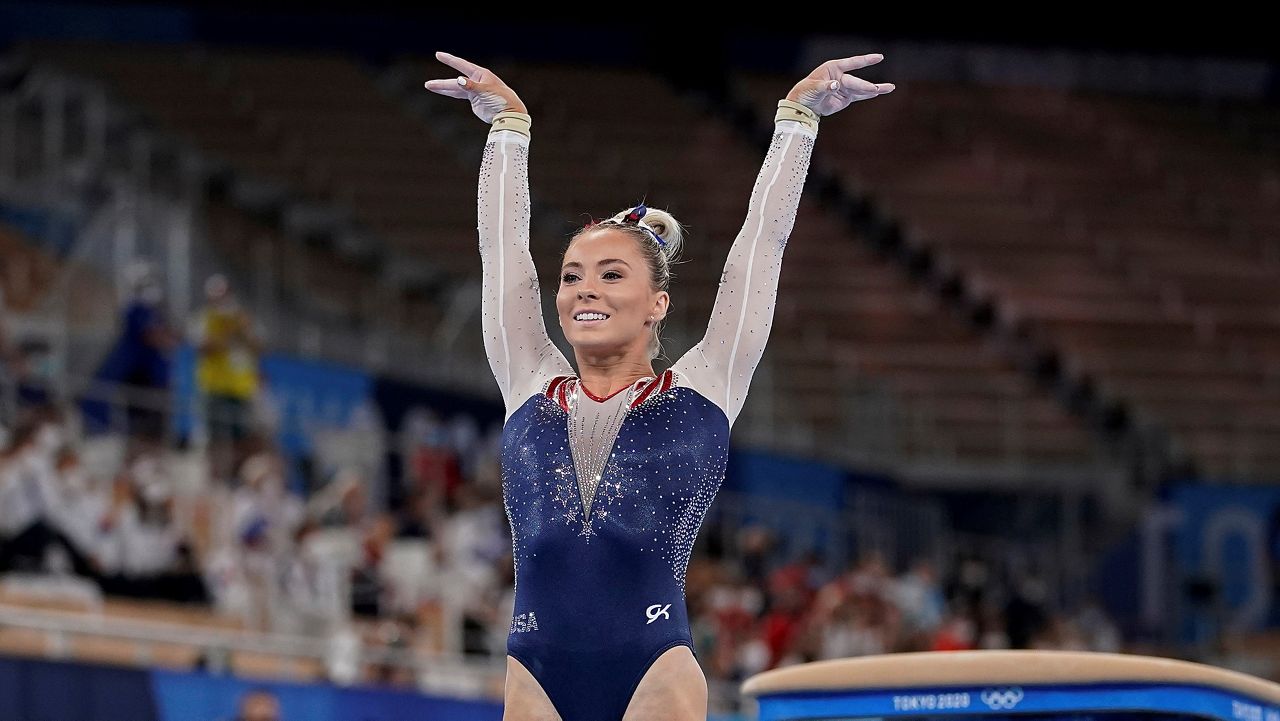 U.S. gymnast Mykayla Skinner performs on the vault during the women's gymnastic finals at the 2020 Summer Olympics in Tokyo. (AP Photo/Ashley Landis)