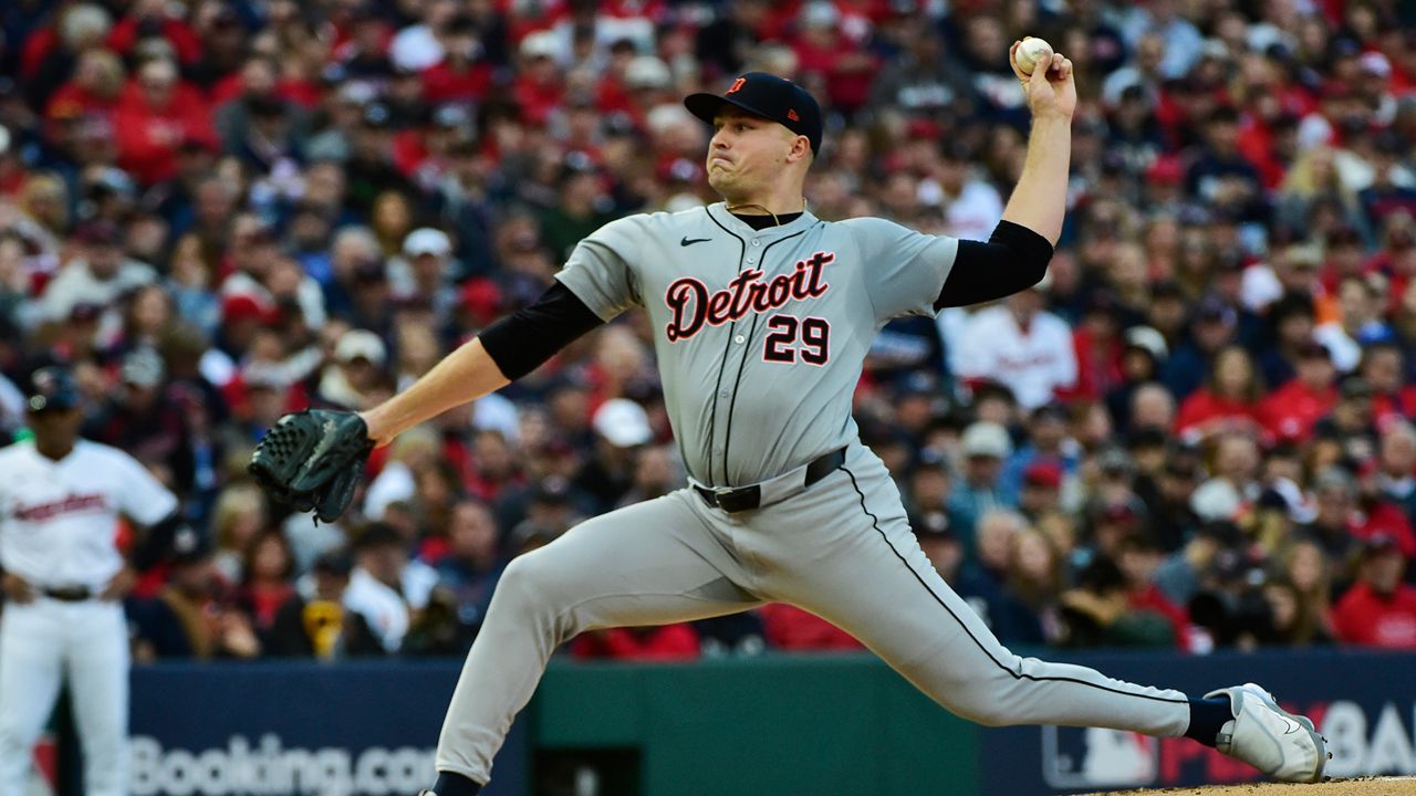 Detroit Tigers' Tarik Skubal pitches during a baseball game, Oct. 7, 2024, in Cleveland. (AP Photo/Phil Long, File)