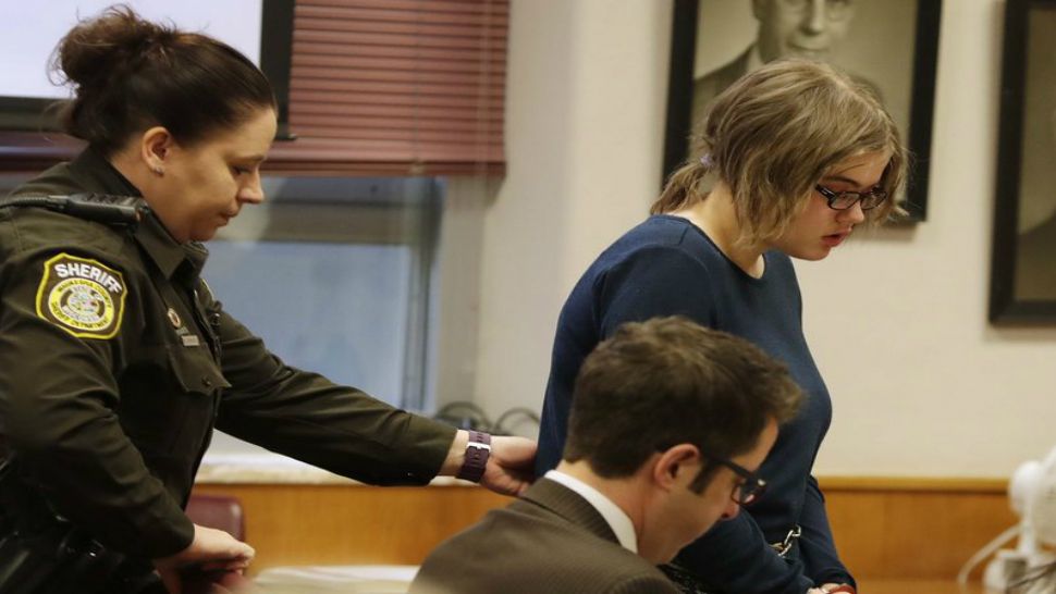 Morgan Geyser, 15, appears for sentencing before Waukesha County Circuit Judge Michael Bohre, Thursday, Feb. 1, 2018. (Rick Wood/Milwaukee Journal-Sentinel via AP, Pool)