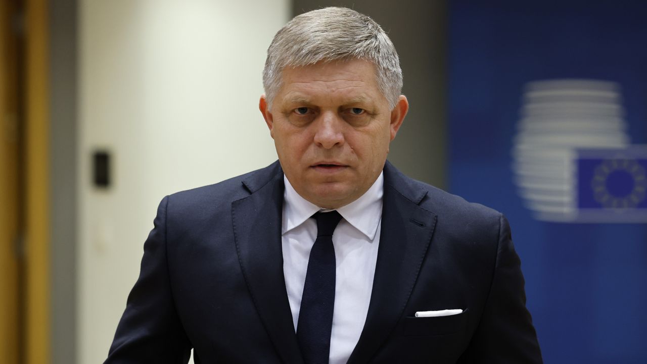 Slovakia's Prime Minister Robert Fico arrives to a roundtable meeting at an EU summit in Brussels, Thursday, Feb. 1, 2024. (AP Photo/Geert Vanden Wijngaert, File)