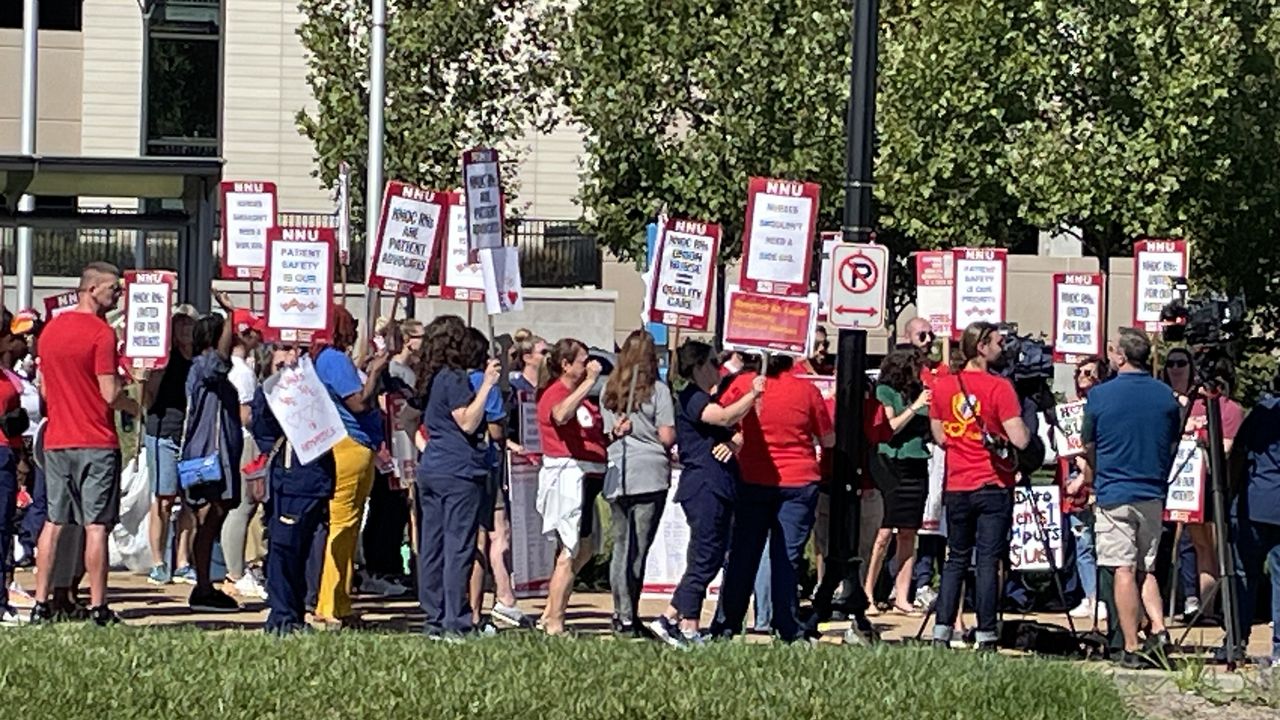 Nurses at SSM Saint Louis University Hospital participate in a 24-hour strike Monday, Sept. 25 regarding working conditions that have not been resolved through contract negotiations that started in May. (Spectrum News/Elizabeth Barmeier)