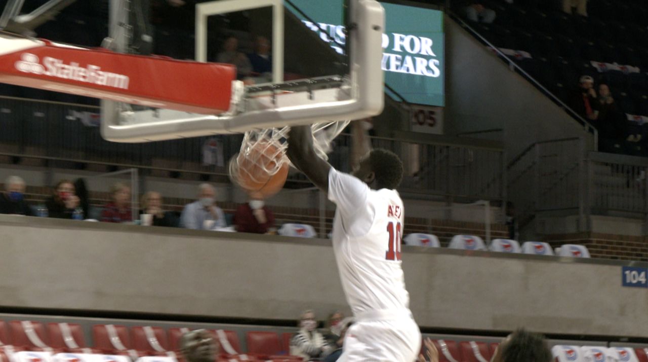 SMU forward Yor Anei appears in this image from February 2021. (Robbie Fuelling/Spectrum News 1)
