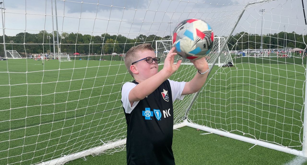 James Kinane playing goalie at TOPSoccer (Spectrum News 1/Alex Wilkinson) 