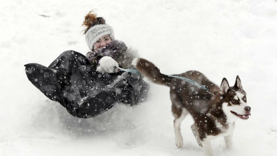 Frannie Ohnimus, 14, sleds using a garbage bag as she is pulled down the hill at Bailey Park by her 7-month-old husky, Chief. (Walt Unks/Winston-Salem Journal via AP)