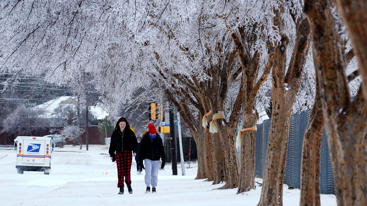 People walk on a sidewalk along a busy road where the canopies on the trees were frozen over after a winter storm that moved in overnight in Richardson, Texas, Thursday, Feb. 3, 2022. (AP Photo/Tony Gutierrez)