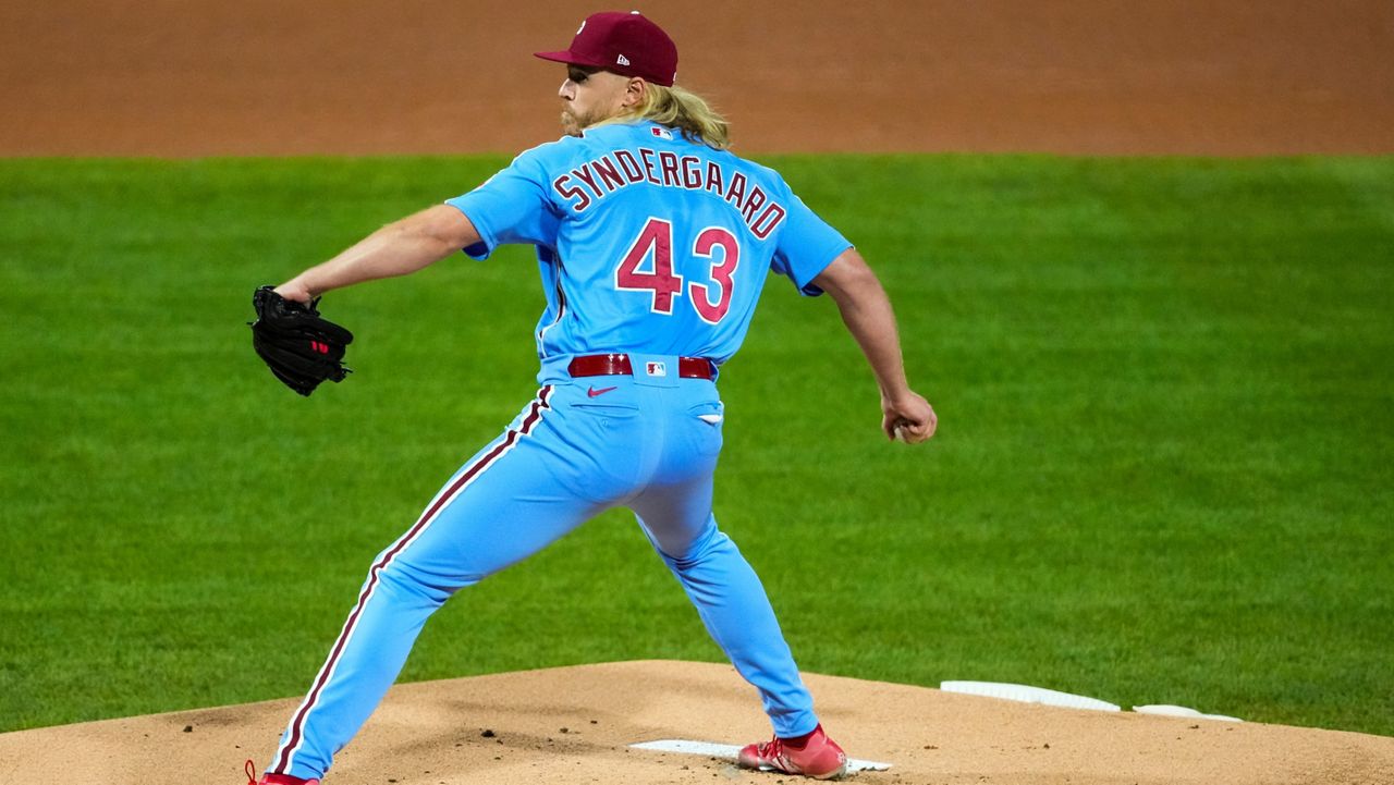 Philadelphia Phillies starting pitcher Noah Syndergaard in action during the Game 5 of baseball's World Series against the Houston Astros, Thursday, Nov. 3, 2022, in Philadelphia. (AP Photo/Chris Szagola)