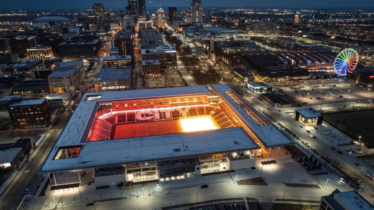 CityPark Stadium is seen in this drone photo made Wednesday, Jan. 11, 2023, in St. Louis. When season tickets sales began for Major League Soccer's newest team, St. Louis City SC leaders figured they'd be a hot ticket in a city with a deep love for the sport. (AP Photo/Jeff Roberson)