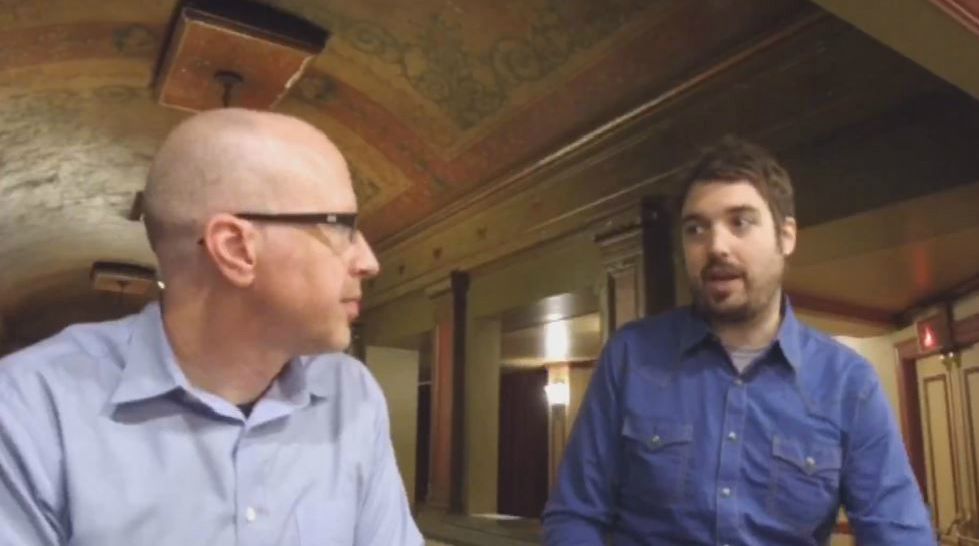 'Mystery Science Theater 3000' host and writer Jonah Ray, right, chats with Spectrum News Senior Digital Producer Craig Huber at the Paramount Theatre in Austin, Texas, in this image from November 4, 2018. (Spectrum News)