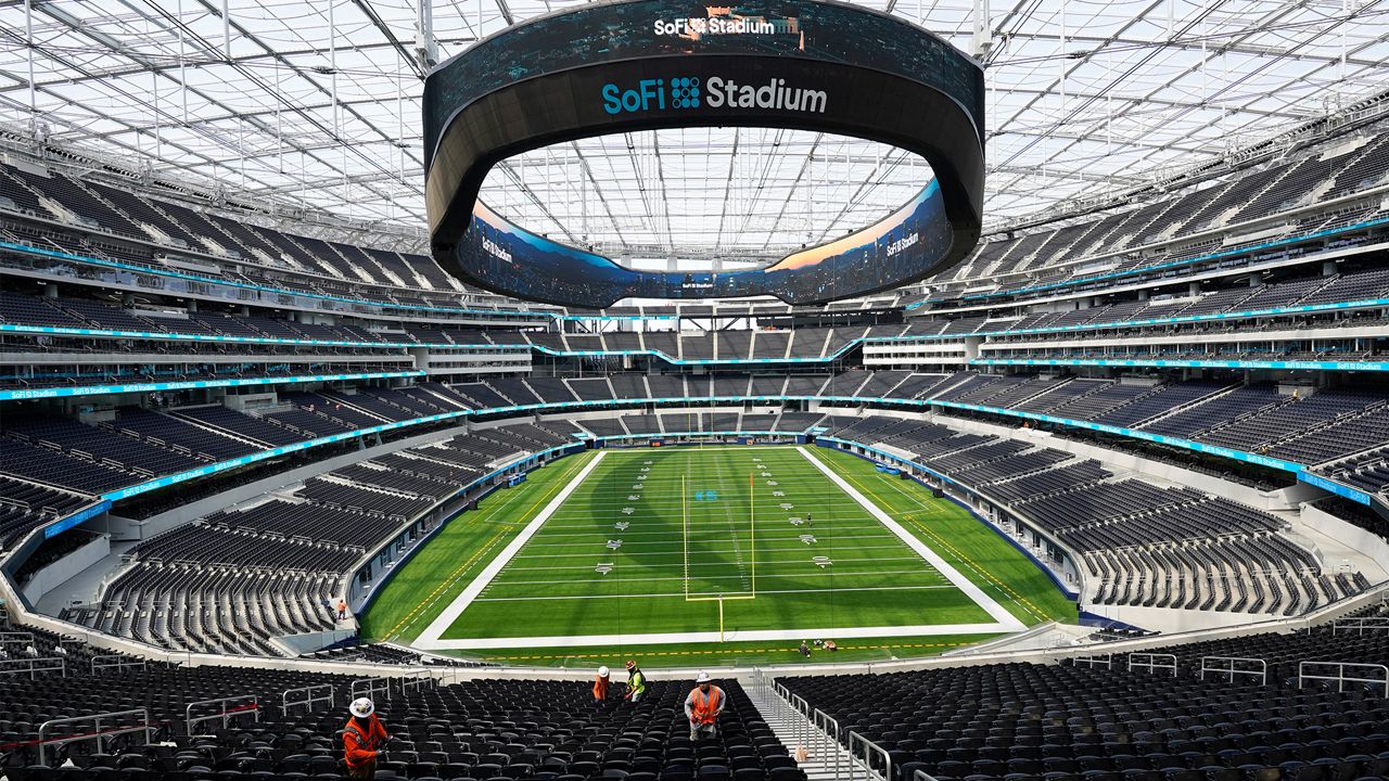 The playing field at SoFi Stadium, the future home for the Los Angeles Rams and Los Angeles Chargers football teams, is shown Friday, Sept. 4, 2020, in Inglewood, Calif. (AP Photo/Marcio Jose Sanchez)