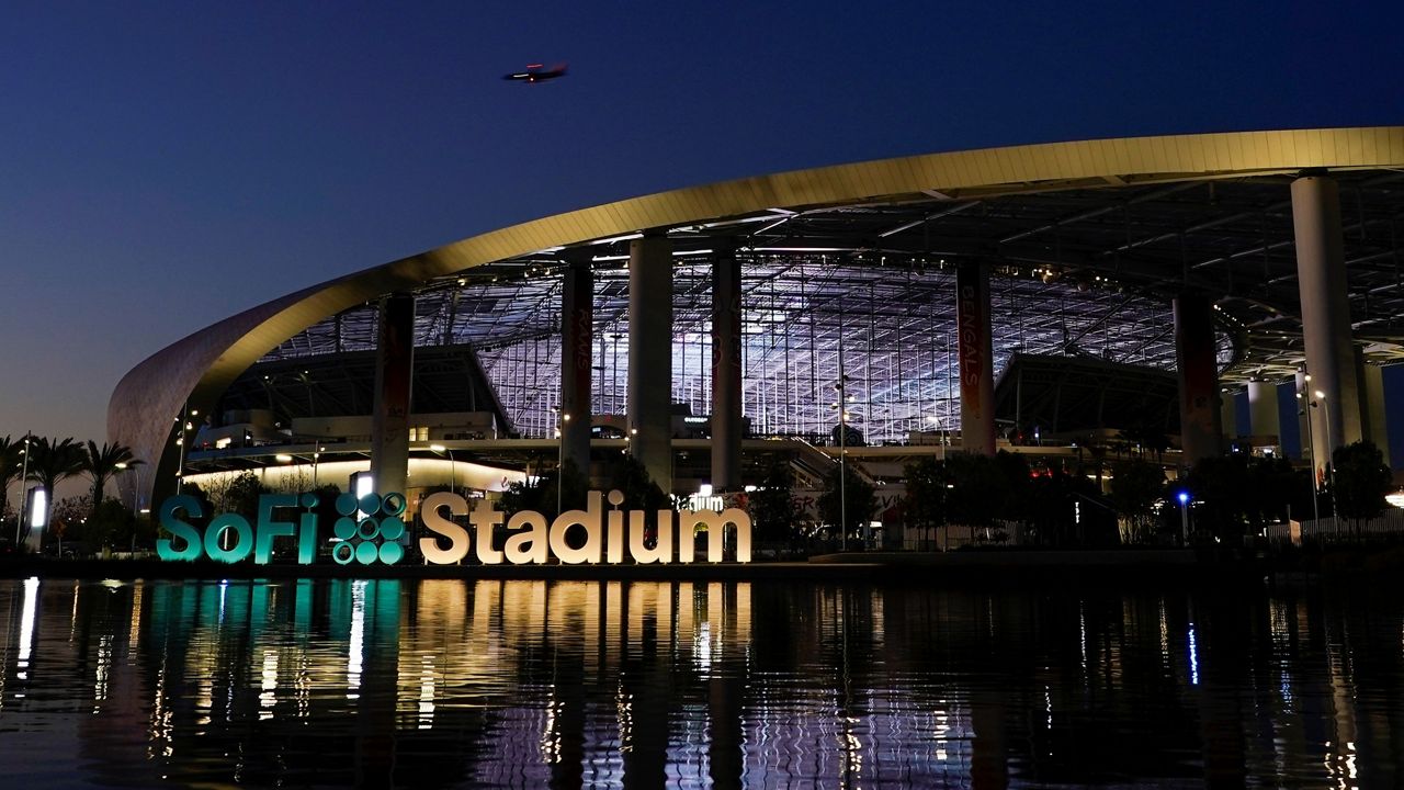 SoFi Stadium stands Friday, Feb. 4, 2022, in Inglewood, Calif. The stadium is the site of NFL football's Super Bowl 56, scheduled to be played Feb. 13. (AP Photo/Morry Gash)