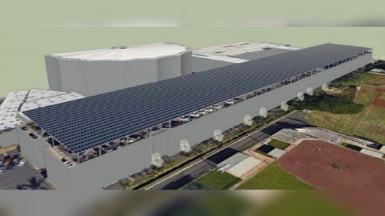 Design renderings of the photovoltaic system to be installed atop the Neal S. Blaisdell Center parking facility. (Image courtesy Johnson Controls Inc.)