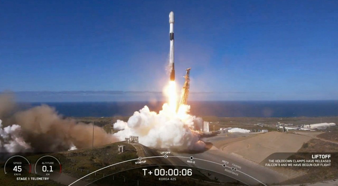 In this image from video provided by SpaceX, South Korea launches its first military spy satellite from Vandenberg Space Force Base, Calif., on Friday. SpaceX via AP)