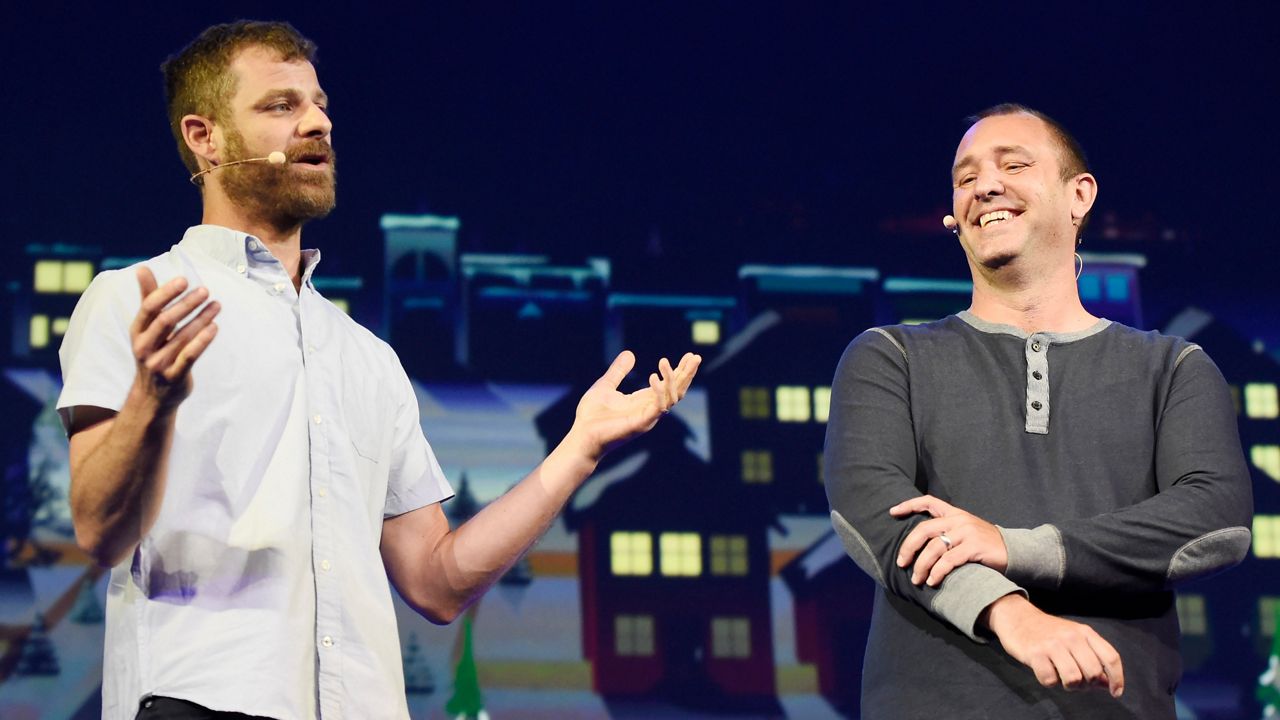 "South Park" creators Matt Stone and Trey Parker are pictured at Ubisoft's E3 2015 Conference at the Orpheum Theatre on June 15, 2015 in Los Angeles.