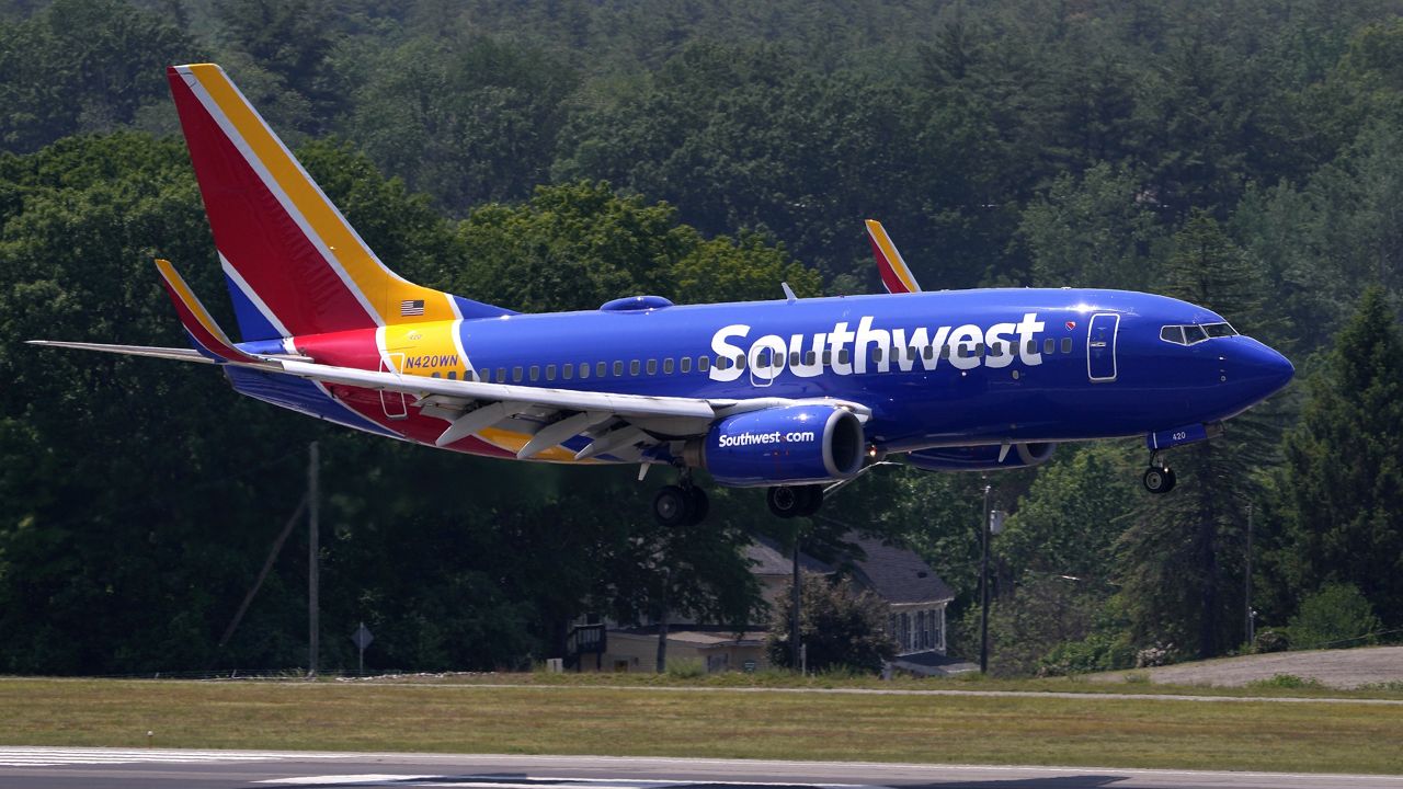 Southwest Airlines Boeing 737 lands at Manchester Boston Regional Airport, June 2, 2023, in Manchester, N.H. (AP Photo/Charles Krupa, File)