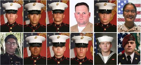 This combination of photos released by the 1st Marine Division, Camp Pendleton/U.S. Department of Defense shows twelve service members killed in the Kabul airport bombing in Afghanistan on Aug. 26, 2021.