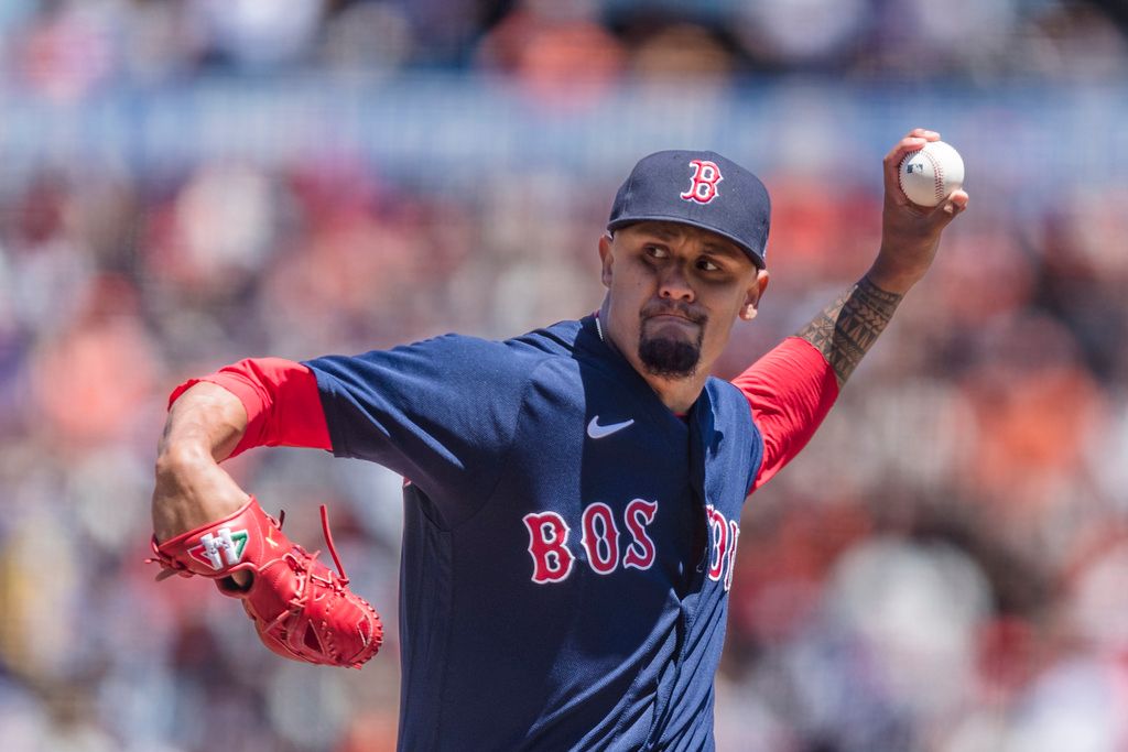 Boston Red Sox starting pitcher Brennan Bernardino throws against the San Francisco Giants during the first inning of a baseball game in San Francisco, Sunday, July 30, 2023. (AP Photo/John Hefti)