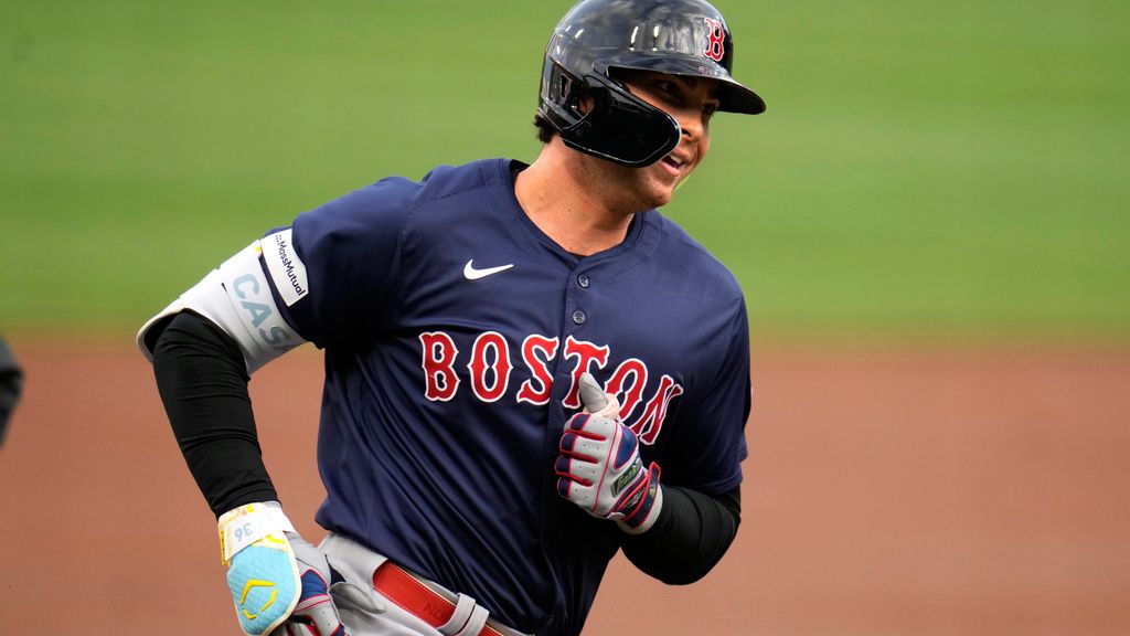 Boston Red Sox's Triston Casas rounds third base after hitting a solo home run off Pittsburgh Pirates starting pitcher Quinn Priester during the first inning of a baseball game in Pittsburgh, Friday, April 19, 2024. (AP Photo/Gene J. Puskar)