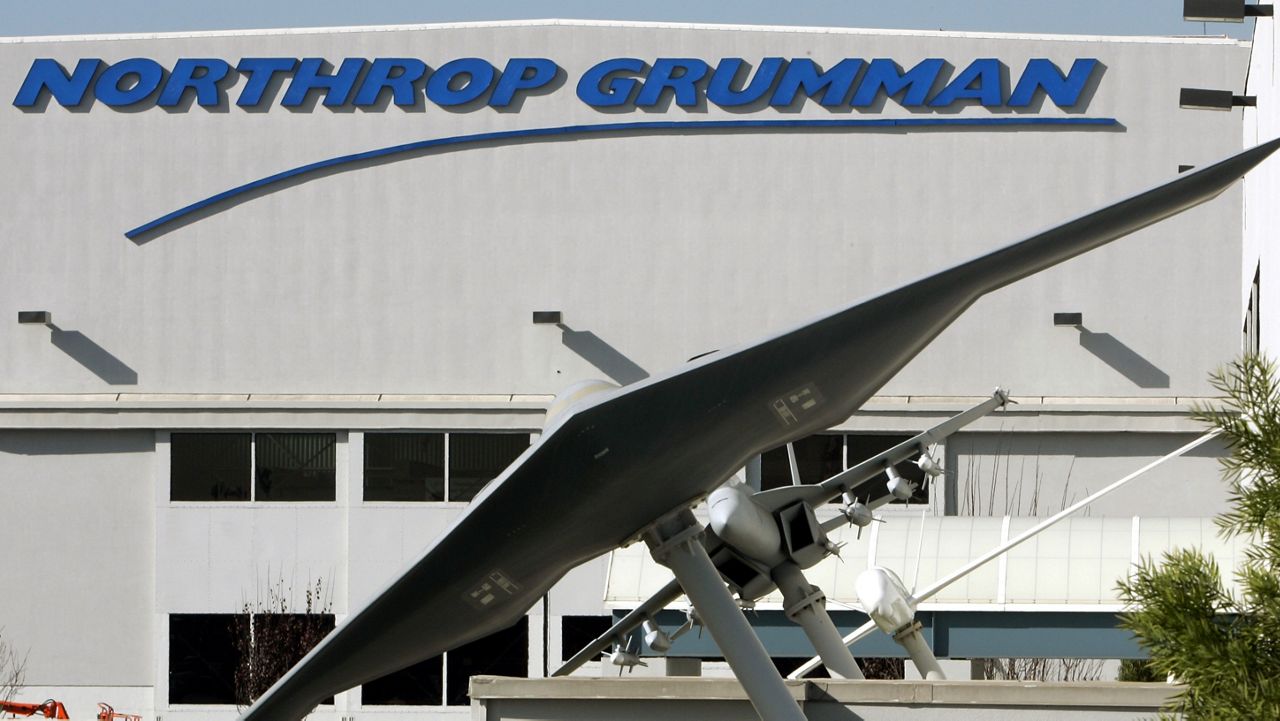 The Northrop Grumman plant in El Segundo, Calif., with models of the B2-B Stealth Bomber, foreground, and the F/A-18 Hornet fighter jet behind it, is seen in this Jan. 24, 2006 file photo.