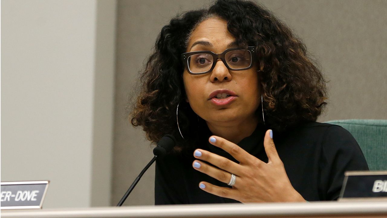 In this April 9, 2019, file photo, Assemblywoman Sydney Kamlager D-Los Angeles, a member of the Assembly Public Safety Committee, gestures during a hearing in Sacramento, Calif. (AP Photo/Rich Pedroncelli, File)