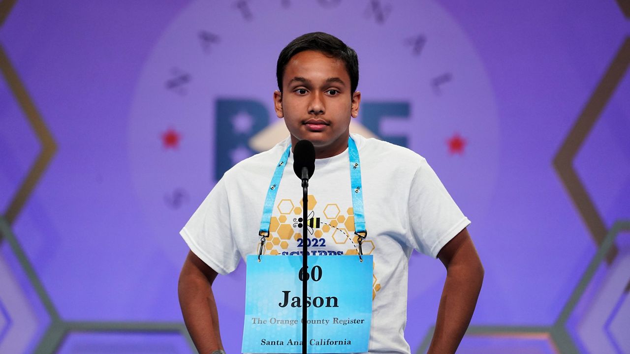 Jason Khan, 14, from Los Alamitos, Calif., competes during the Scripps National Spelling Bee Tuesday in Oxon Hill, Md. (AP Photo/Alex Brandon)