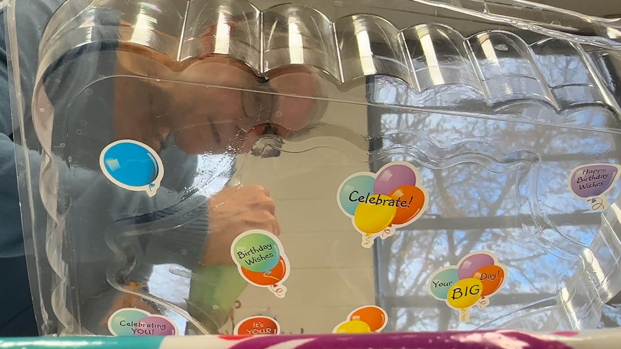 as seen from below see-through tray, woman decorates cupcakes