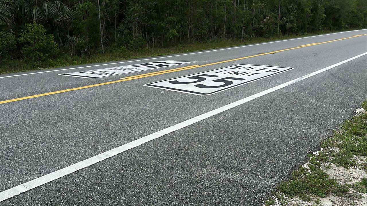 FDOT heat blasted thermoplastic speed shields onto the State Road 46 asphalt. (Nick Allen, Spectrum News)