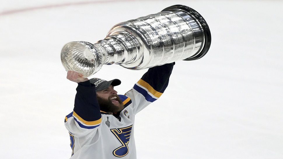 St. Louis Blues' Alex Pietrangelo carries the Stanley Cup after the Blues defeated the Boston Bruins in Game 7 of the NHL Stanley Cup Final, Wednesday, June 12, 2019, in Boston. (AP Photo/Charles Krupa)