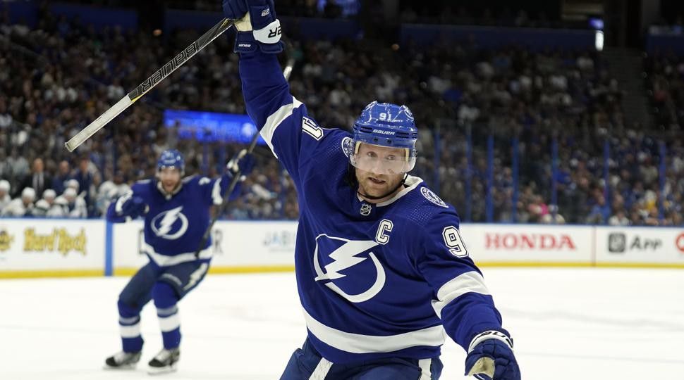 Tampa Bay Lightning center Brayden Point (21) celebrates his goal