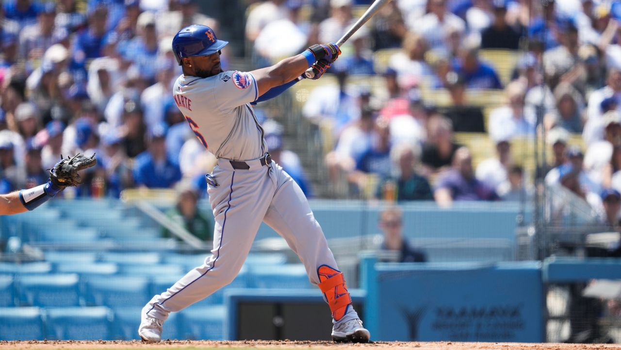 Starling Marte singles during a game against the Los Angeles Dodgers in Los Angeles on Saturday, April 20, 2024.