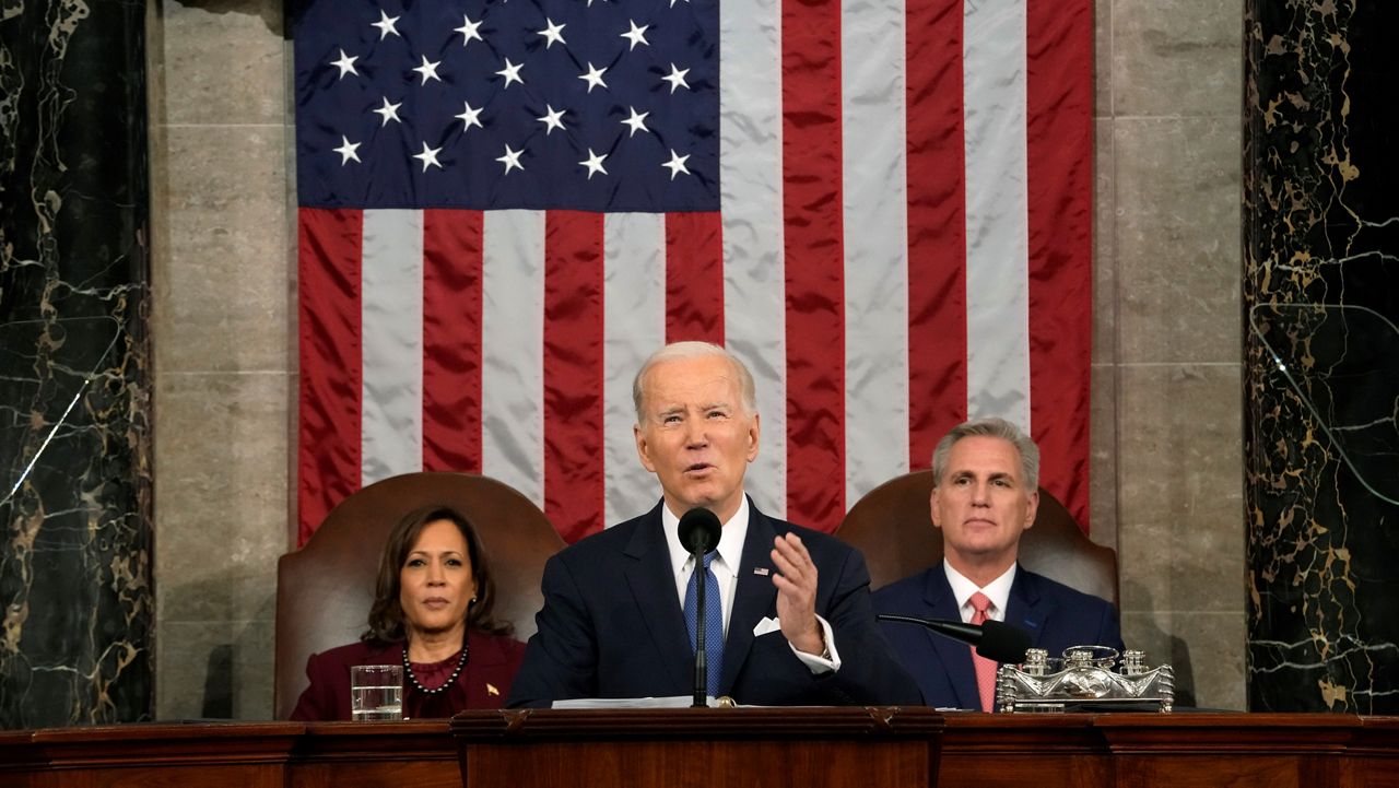 President Joe Biden delivers the State of the Union address to a joint session of Congress at the U.S. Capitol, Tuesday, Feb. 7, 2023, in Washington, as Vice President Kamala Harris and House Speaker Kevin McCarthy of Calif., listen.