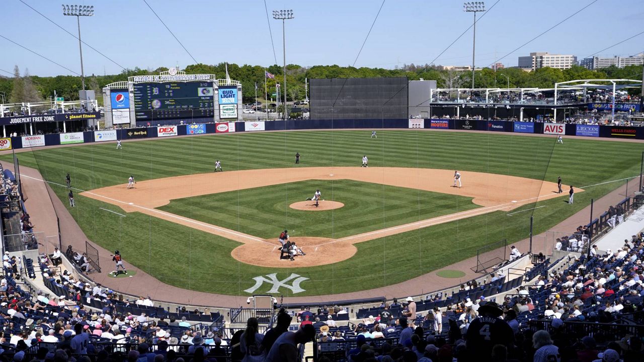 The New York Yankees host the Detroit Tigers during their home opener spring training baseball game at George M. Steinbrenner Field, Sunday, March 20, 2022, in Tampa, Fla. (AP Photo/Lynne Sladky)