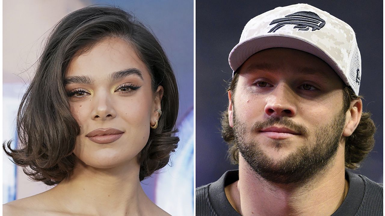 This combination of photos shows Hailee Steinfeld on Oct. 30, 2024, in Los Angeles, and Buffalo Bills quarterback Josh Allen on Nov. 10, 2024, in Indianapolis. (Photo by Jordan Strauss/Invision, AP Photo/Zach Bolinger)