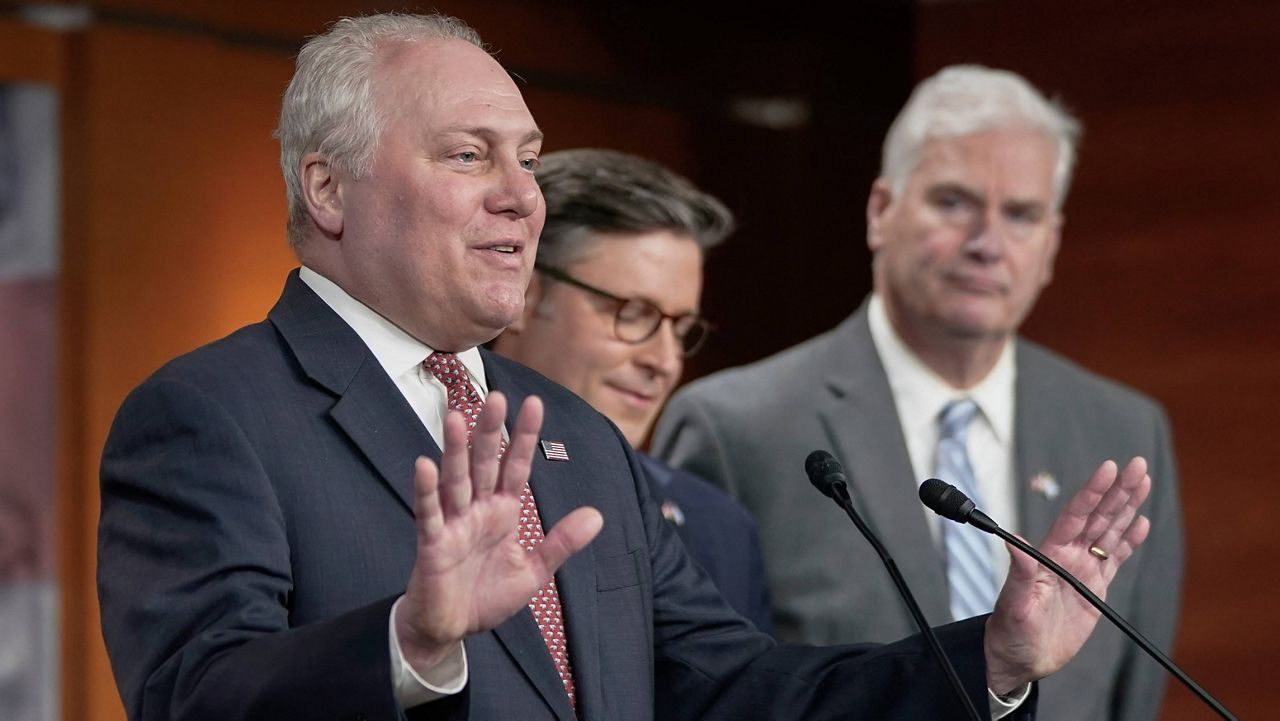 House Majority Leader Steve Scalise, R-La., left; Speaker Mike Johnson, R-La., center; and Majority Whip Tom Emmer, R-Minn. (AP Photo/Mariam Zuhaib, File)