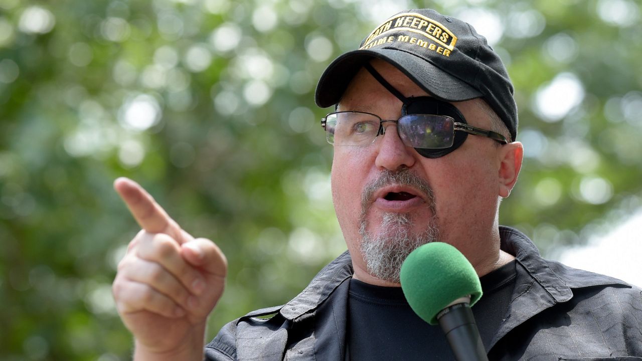 Stewart Rhodes, founder of the Oath Keepers, speaks during a rally outside the White House in Washington, June 25, 2017. (AP Photo/Susan Walsh)